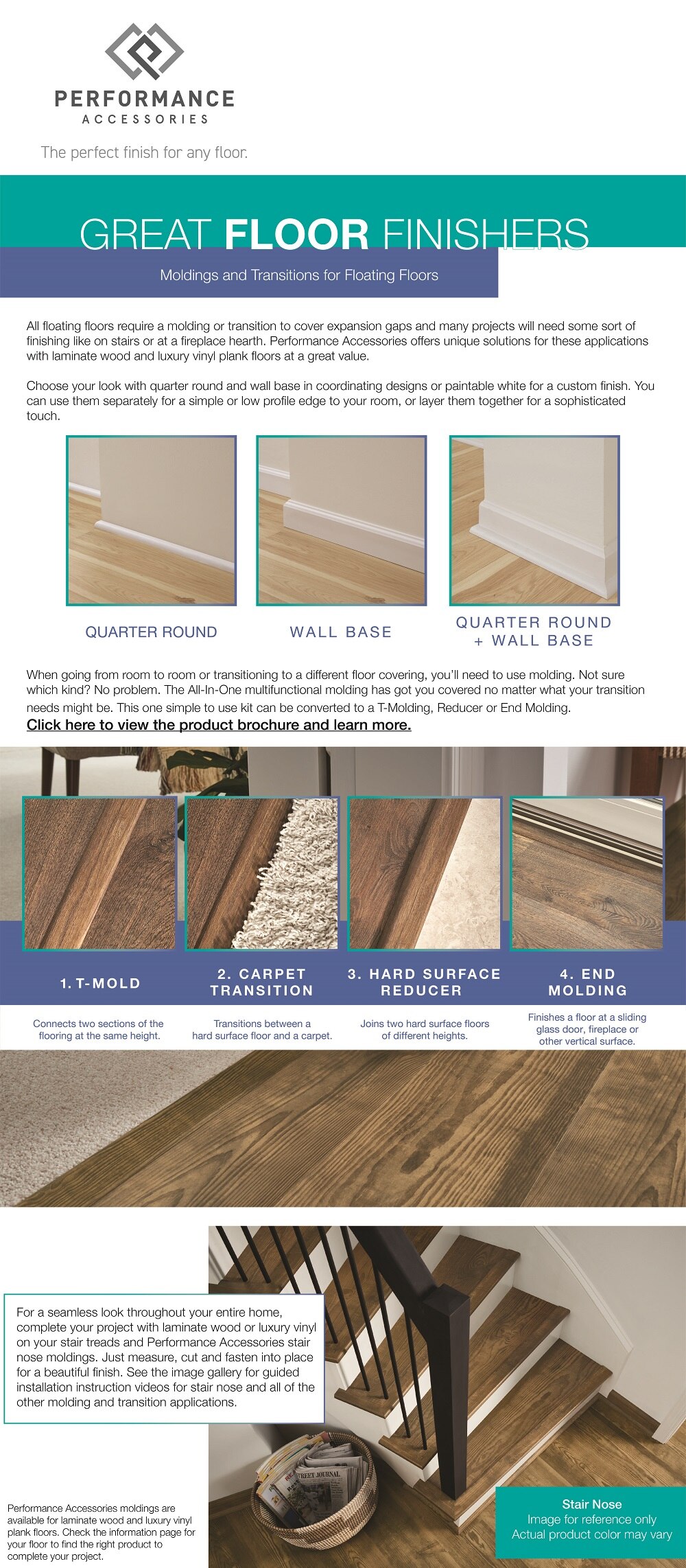 Performance Accessories quarter round and wall base moldings can be used with luxury vinyl plank floors or laminate wood floors to complete your project